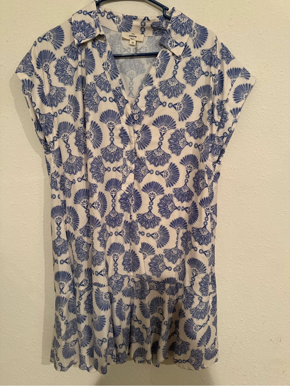 entro White Midi Dress with Blue Fan Print